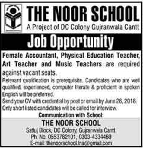 The Noor School Gujranwala Cantt Jobs 2018