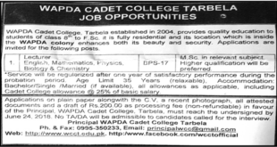 WAPDA Cadet College Tarbella Jobs 2018 for Lecturer