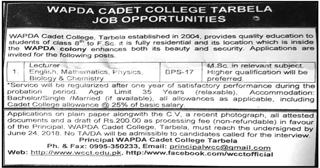WAPDA Cadet College Tarbella Jobs 2018 for Lecturer 