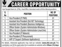 Zarai Taraqiati Bank Ltd ZTBL Islamabad Jobs For Vice President, Assistant Vice President & Others