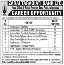 Zarai Taraqiati Bank Ltd ZTBL Islamabad Jobs For Vice President, Assistant Vice President & Others