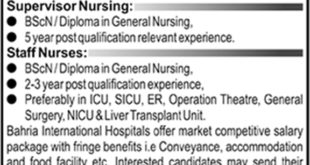 Bahria International Hospital Lahore Jobs For Supervisor, Staff Nurse