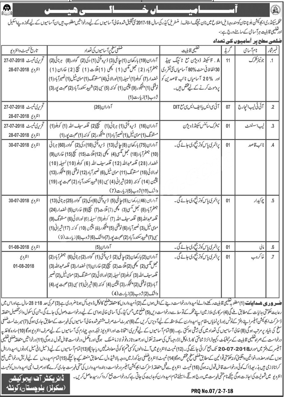 Balochistan Education Department 993 Jobs For Junior Clerk , IT Lab Incharge & Others