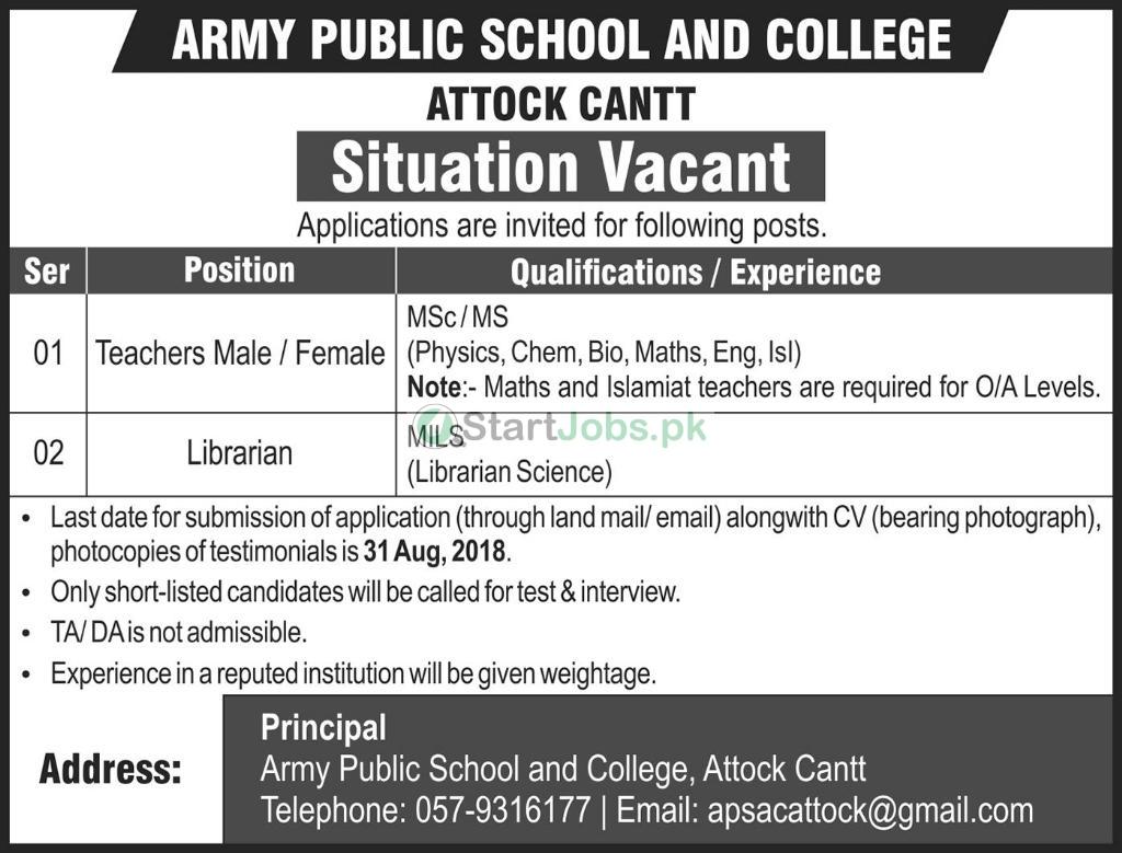 Army Public School and College Jobs 2018