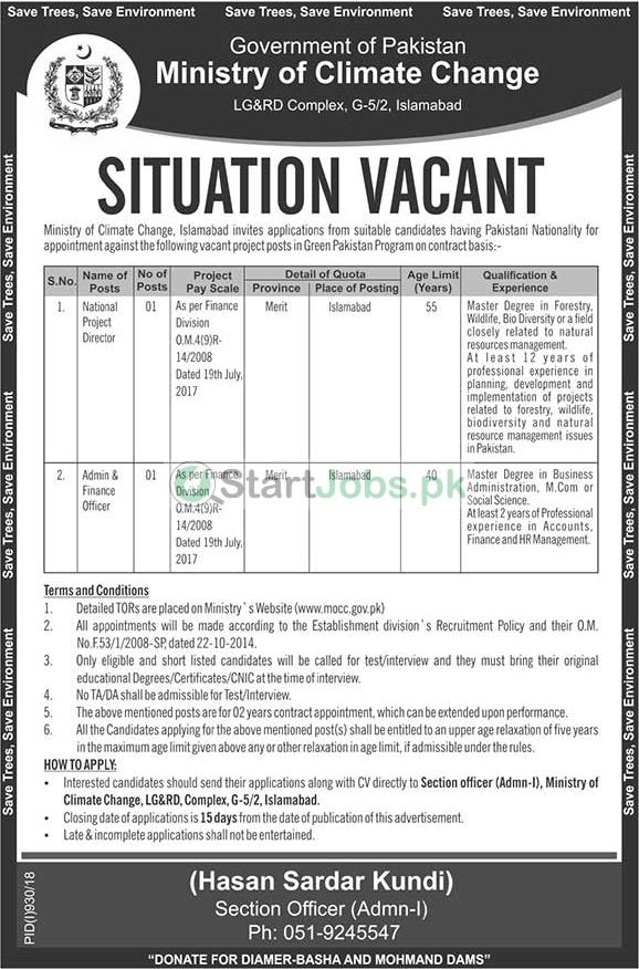 Ministry Of Climate Change Jobs For National Project Director, Admin & Finance Officer