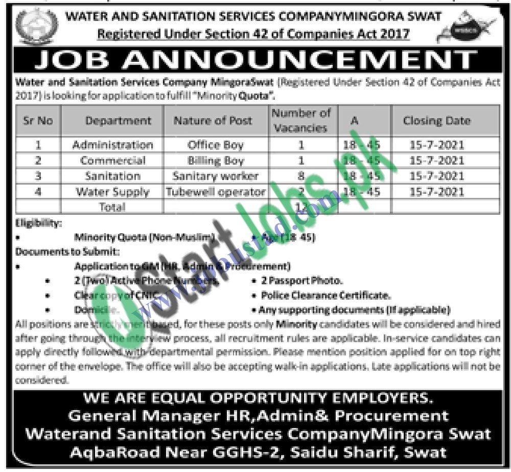 Water & Sanitation Services Company (WSSCS) Mingora Swat Jobs 2021