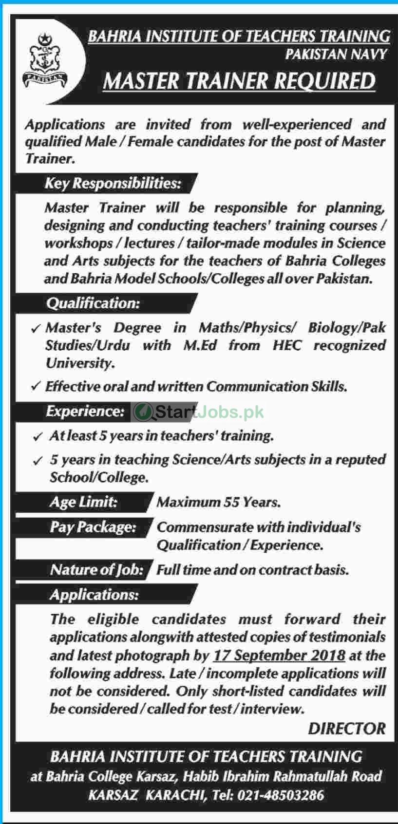 Bahria Institute of Teachers Training Jobs 2018