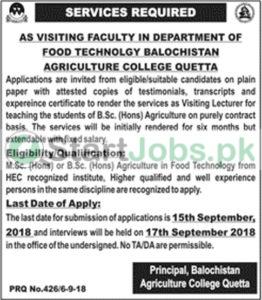 Balochistan Agriculture College Jobs 2018 September Quetta