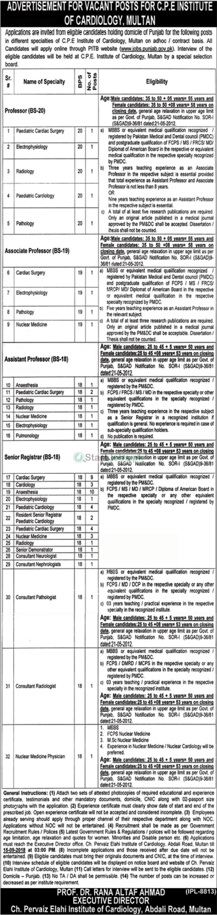 CPE Institute of Cardiology Multan 50+ Jobs 2018 For Professors, Registrars & Others