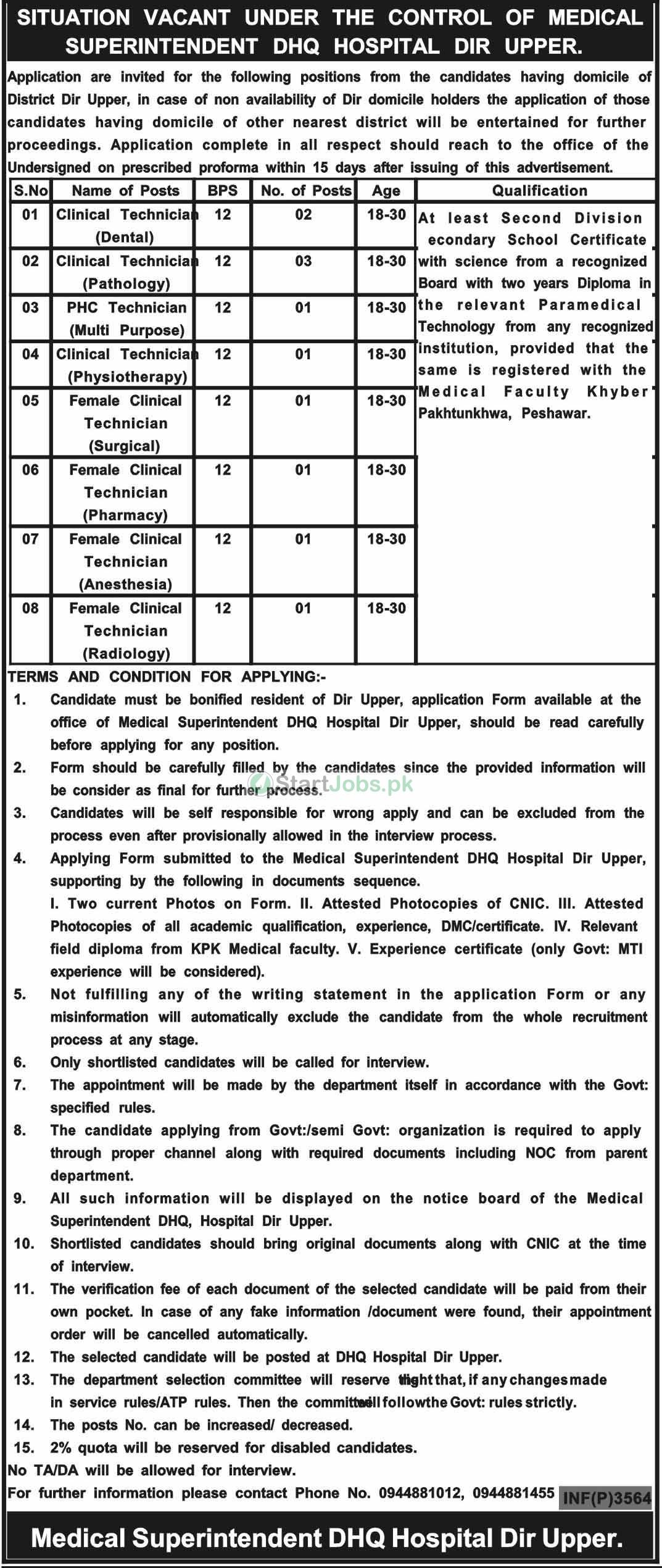 DHQ Hospital Jobs 2018 September Upper Dir