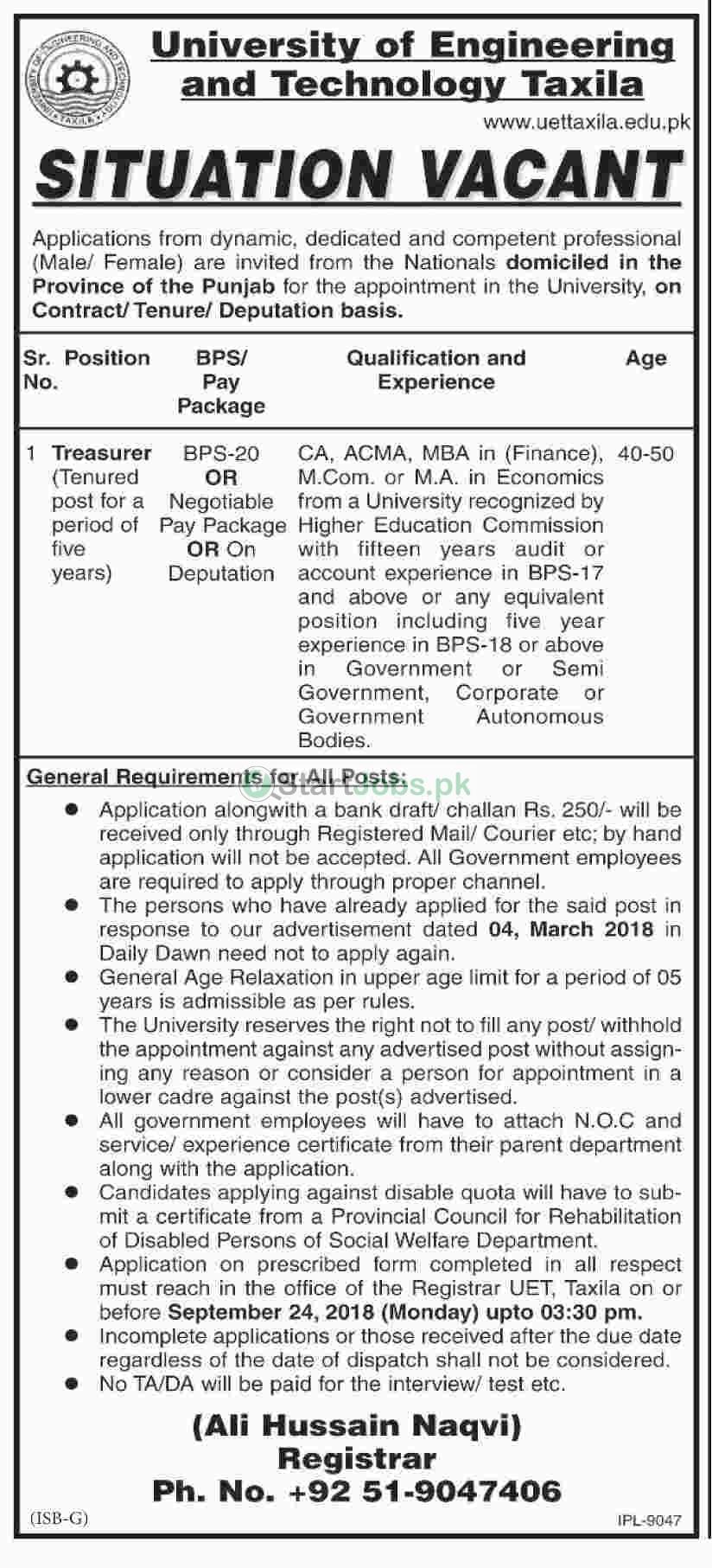 University of Engineering And Technology Jobs 2018 September Taxila