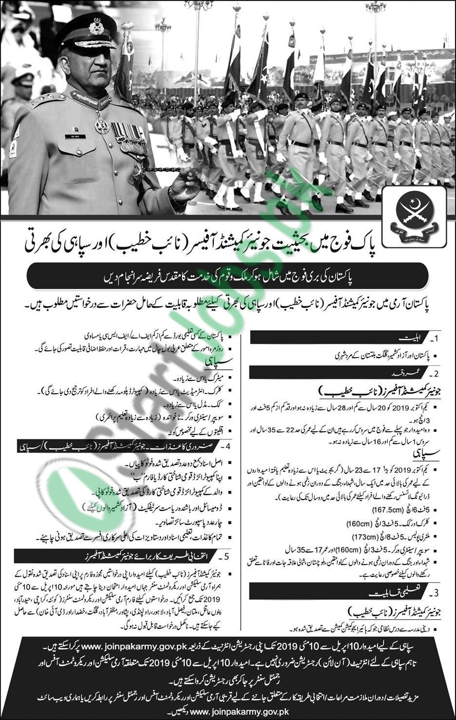 Join Pakistan Army as Solider & Naib Khateeb JCO 2019
