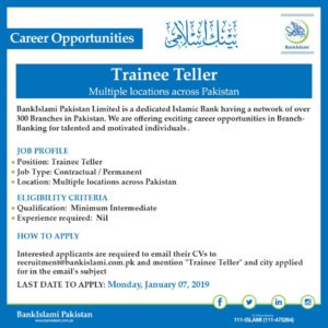 BankIslami Pakistan Limited Jobs For Trainee Teller 2019