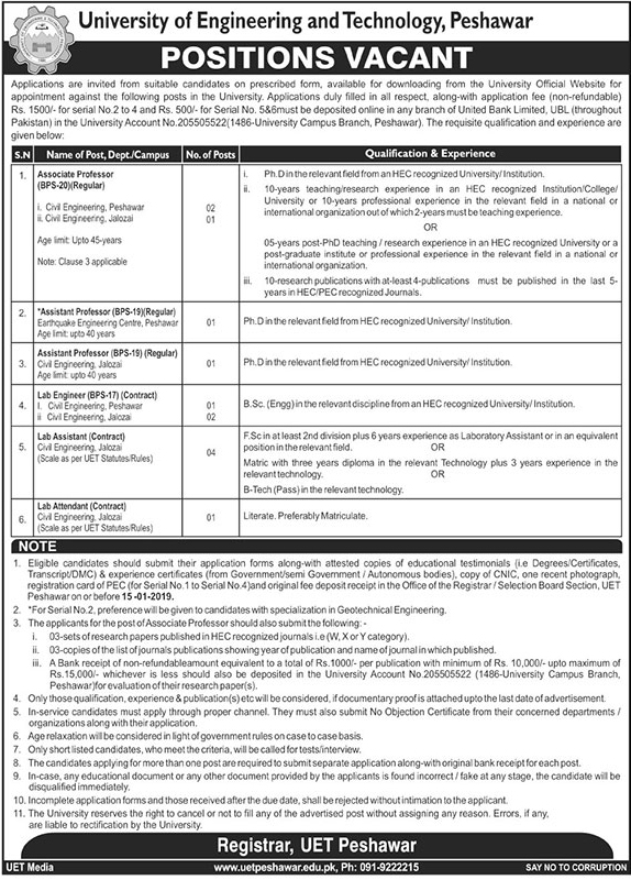 University of Engineering and Technology Jobs 2018