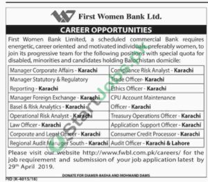 First Women Bank Limited Jobs 2019