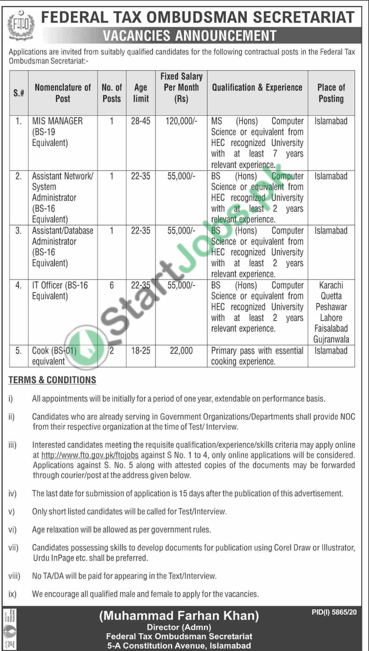 Official Advertisement for Jobs in Federal Tax Ombudsman Secretariat For 2021