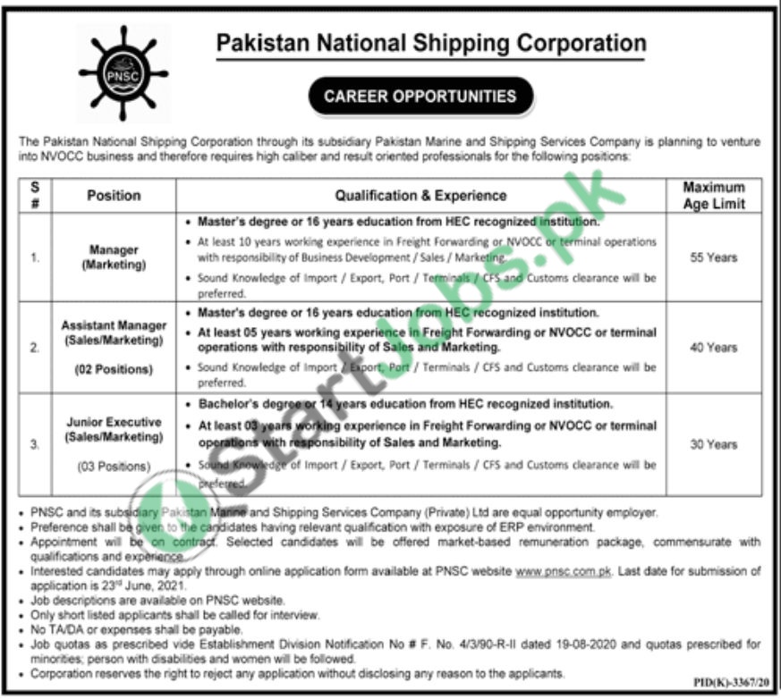 Pakistan National Shipping Corporation Jobs 2021