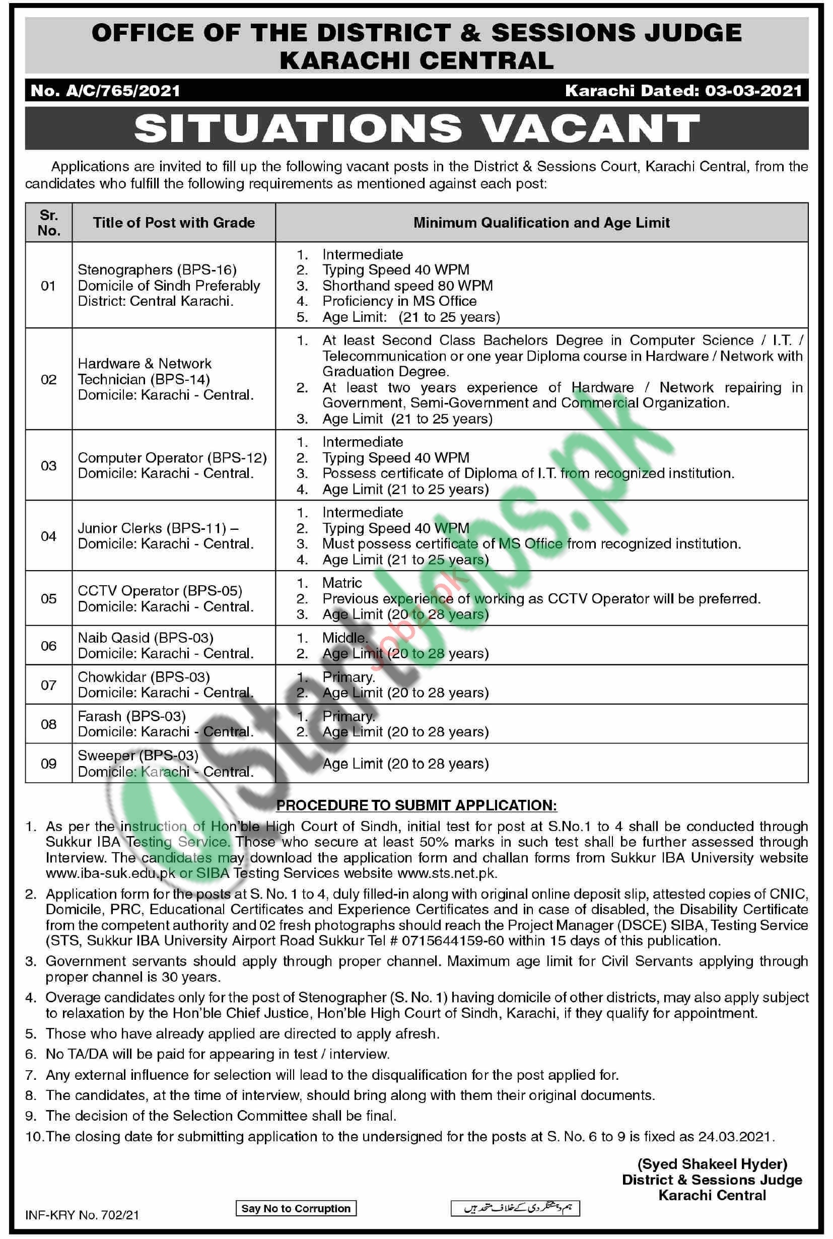 District and Session Court Karachi Jobs 2021