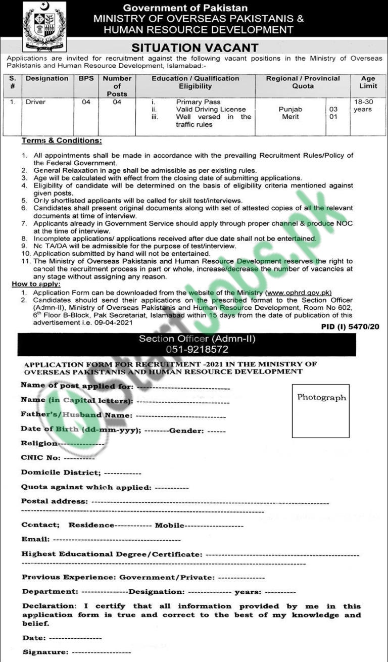 Ministry of Overseas Pakistani and HRD Jobs 2021