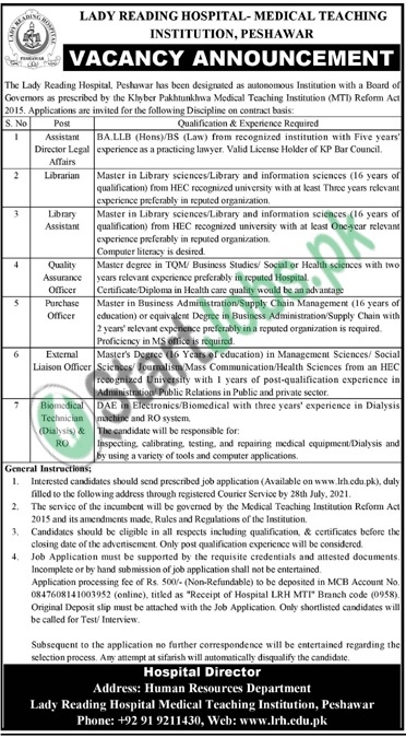 LRH Peshawar Jobs Application Form 2021 Advertisement Latest