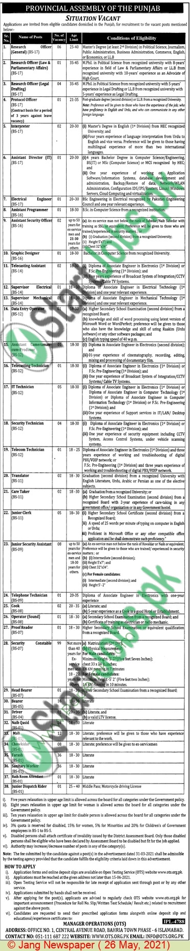 Provincial Assembly of Punjab Jobs 2021