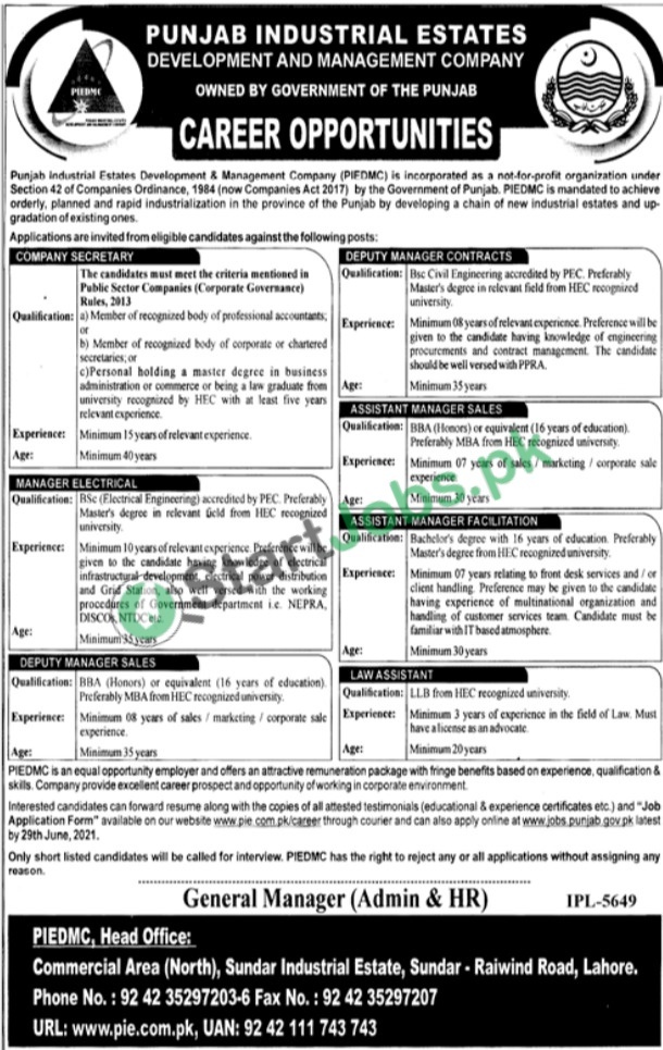 Punjab Industrial Estates Development and Management Company (PIEDMC) Jobs 2021