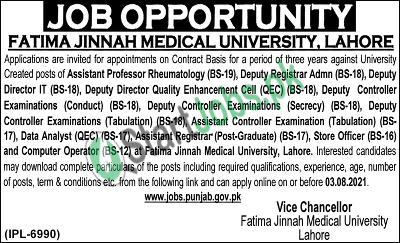 Fatima Jinnah Medical University Lahore Jobs 2021 Career Offers